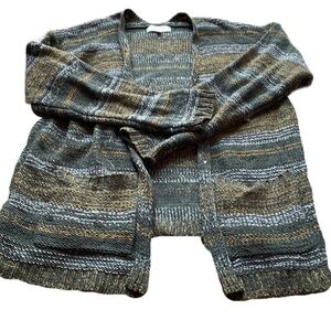 No comment XL green, yellow and white knit striped open front cardigan